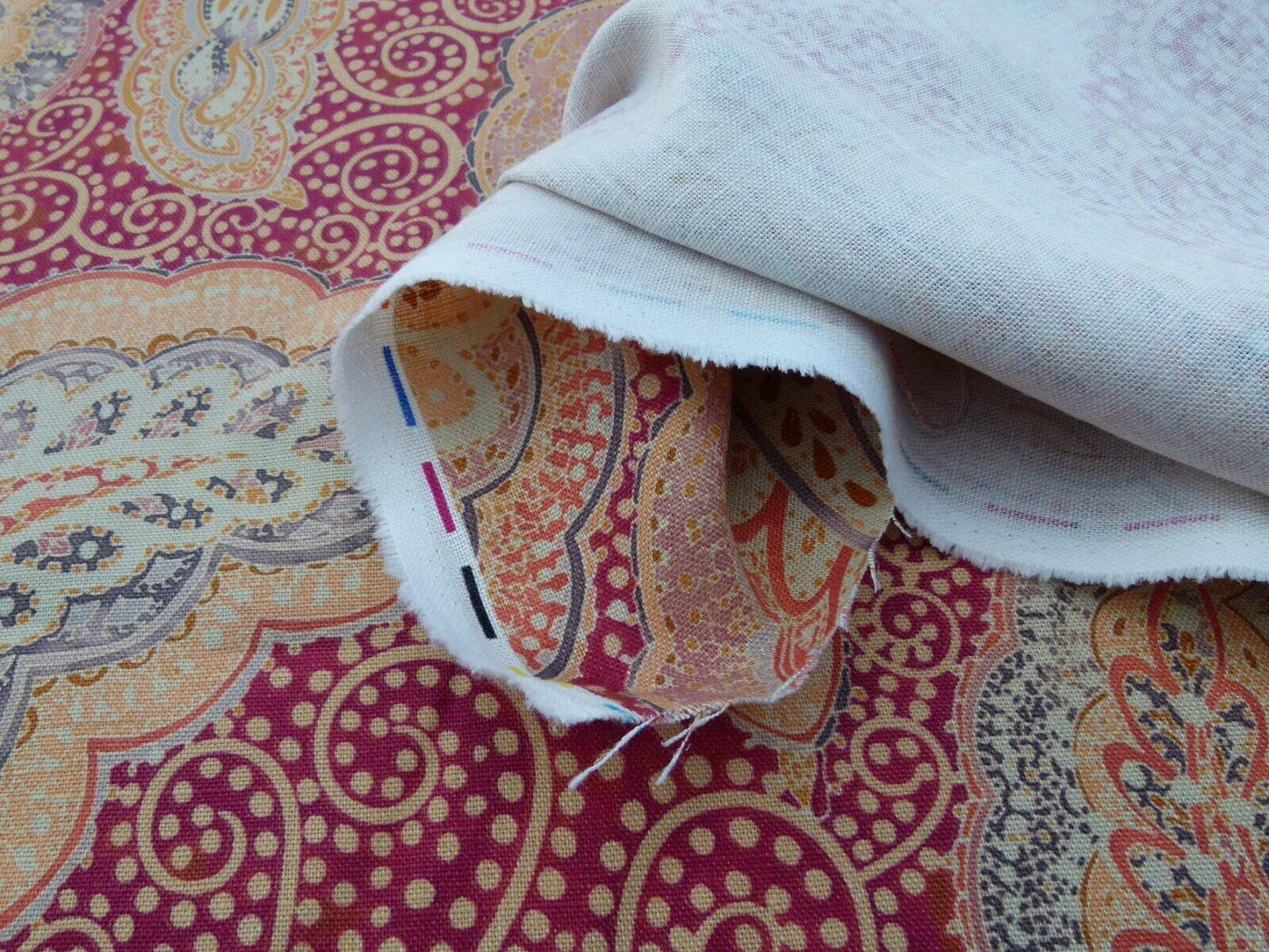 0.9Y Scalamandre Hamadan Blue Red Print Linen Grey Watkins MSRP USD 272/Y  Old World Weavers Paisley Print