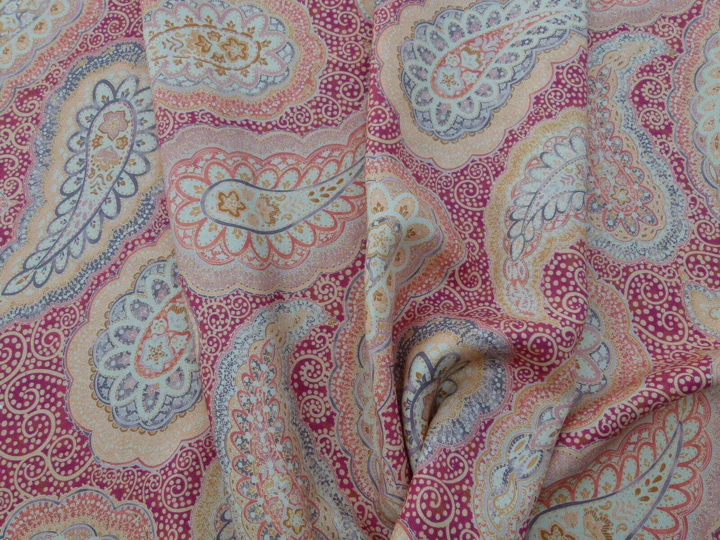 0.9Y Scalamandre Hamadan Blue Red Print Linen Grey Watkins MSRP USD 272/Y  Old World Weavers Paisley Print
