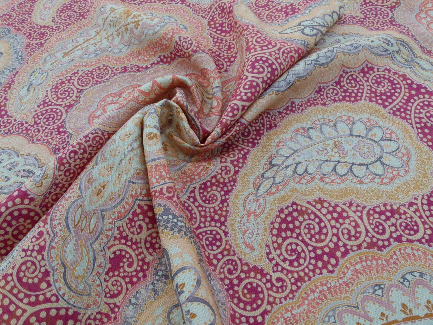 0.9Y Scalamandre Hamadan Blue Red Print Linen Grey Watkins MSRP USD 272/Y  Old World Weavers Paisley Print