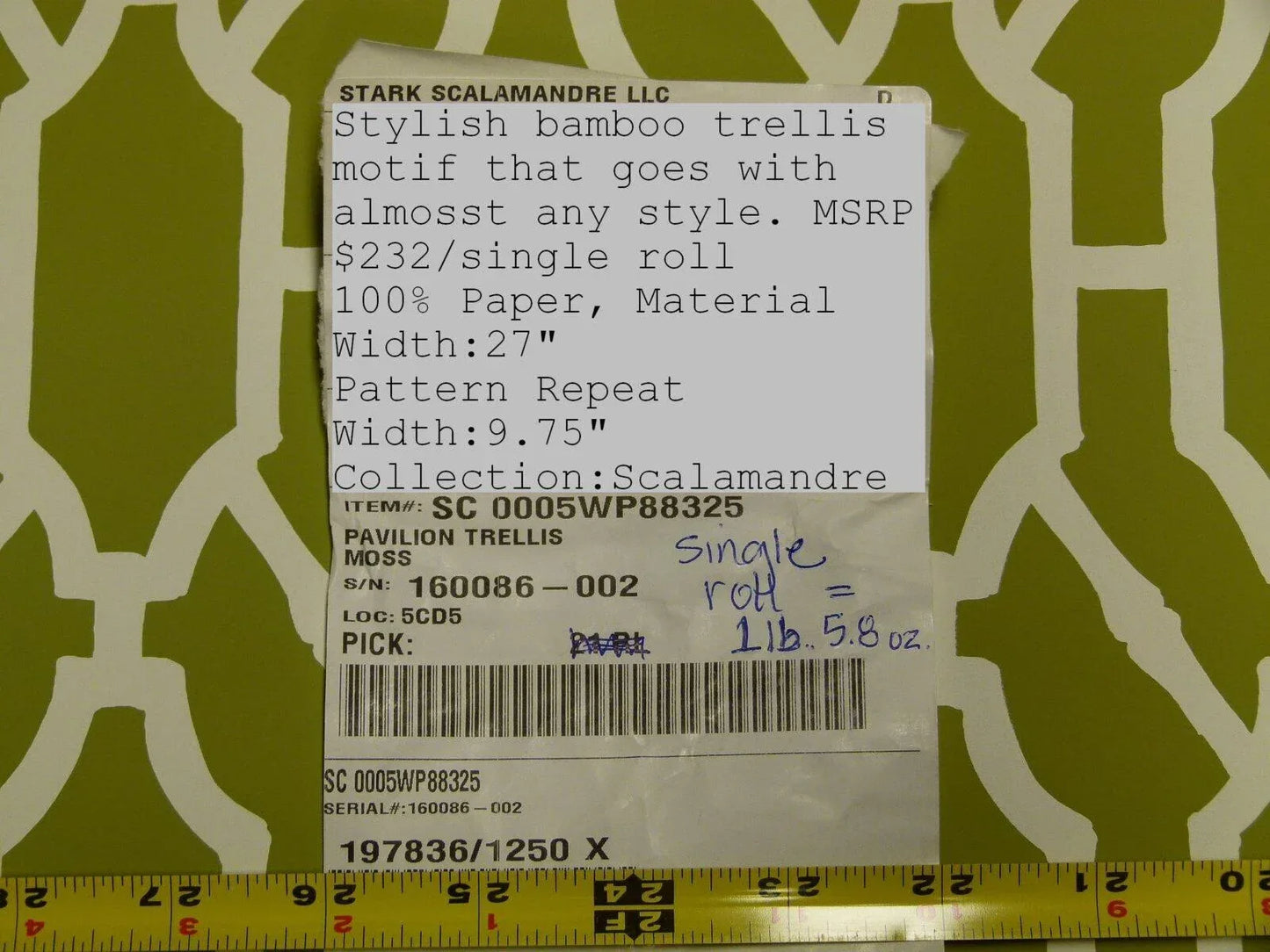 Scalamandre "pavilion Trellis Moss Green White Wallpaper MSRP USD 232/single Roll  Old World Weavers