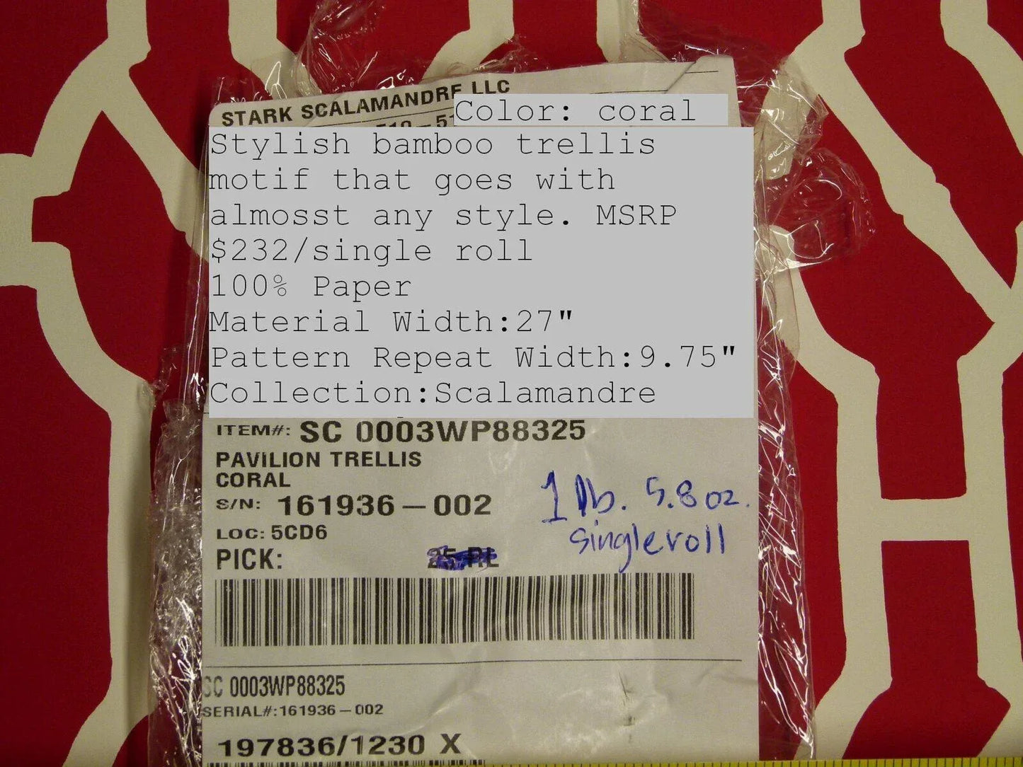 Scalamandre "pavilion Trellis Coral Red White Wallpaper MSRP USD 232/single Roll Old World Weavers