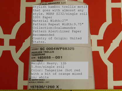 Scalamandre "pavilion Trellis Tangerine Hot Red White Wallpaper MSRP USD 232/single Roll Old World Weavers