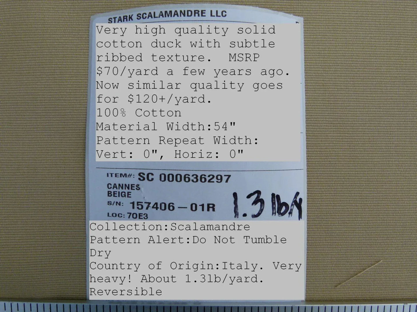 Scalamandre Cannes Beige 100% Cotton Italy MSRP USD 120/Y