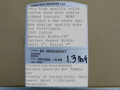 Scalamandre Cannes Beige 100% Cotton Italy MSRP USD 120/Y