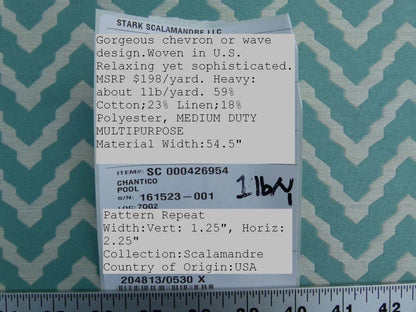 Scalamandre Chantico Chevron Lattice Pool Aqua Blue Green Linen Cotton Woven  Old World Weavers Herringbone MSRP USD 198/Y