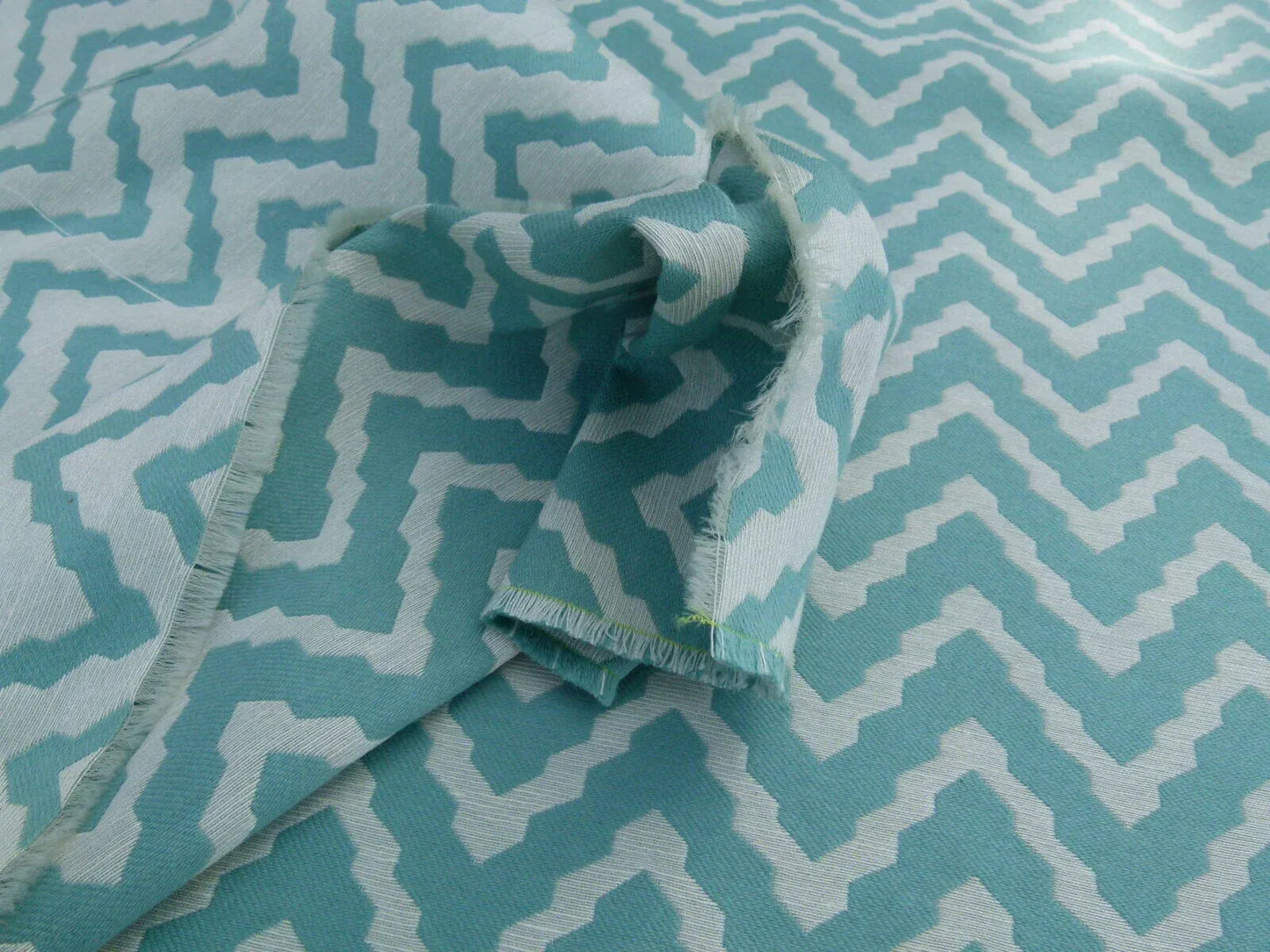 Scalamandre Chantico Chevron Lattice Pool Aqua Blue Green Linen Cotton Woven  Old World Weavers Herringbone MSRP USD 198/Y