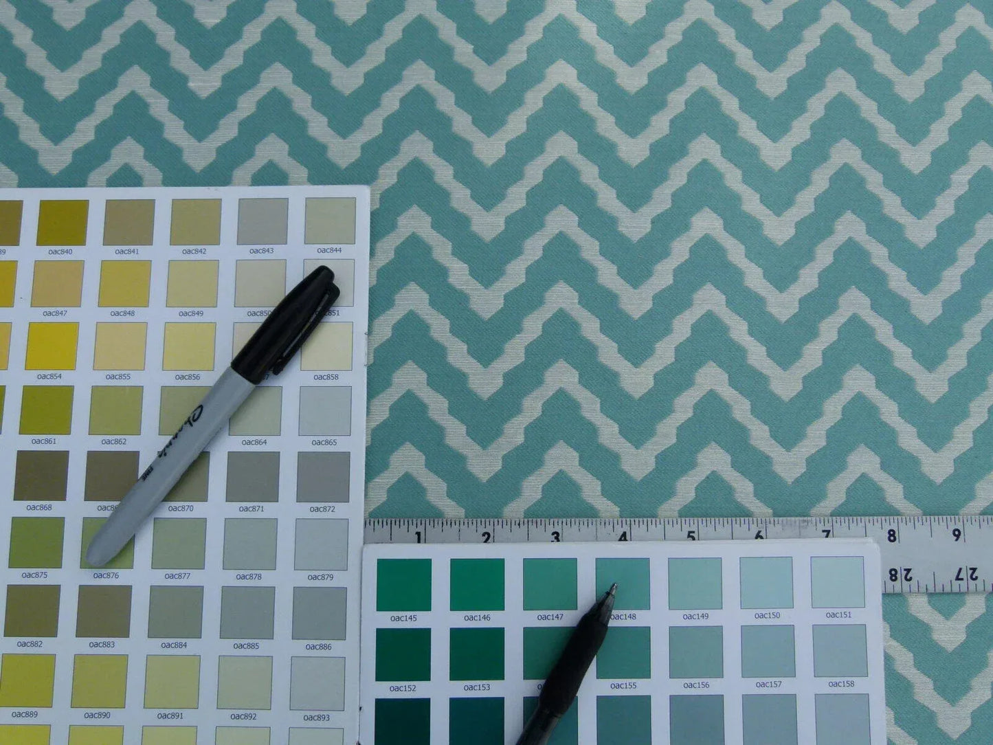 Scalamandre Chantico Chevron Lattice Pool Aqua Blue Green Linen Cotton Woven  Old World Weavers Herringbone MSRP USD 198/Y