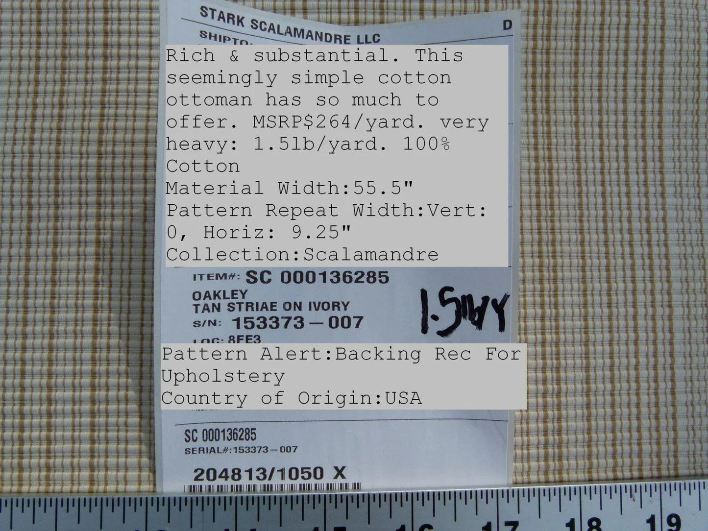 Scalamandre Oakley Tan Striae On Ivory Cotton Ottoman Heavy  Old World Weavers MSRP USD 264/Y!