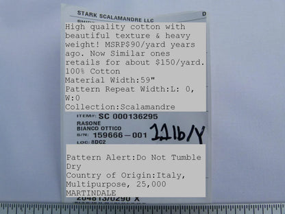 Scalamandre Old World Weavers  Rasone Bianco  Ottico Pure White 100% Cotton Heavy MSRP USD 150/Y