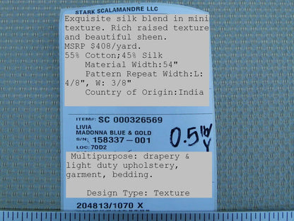 Scalamandre  Livia Madonna Blue &amp; Gold Silk Cotton Damask Mini Dot Texture Scalamandre MSRP USD 408/Y