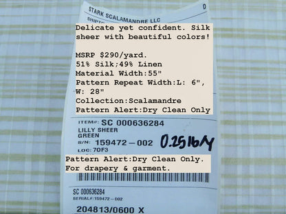 Scalamandre  Lilly Sheer Green White Silk Organza Old World Weavers MSRP USD 290/Yard