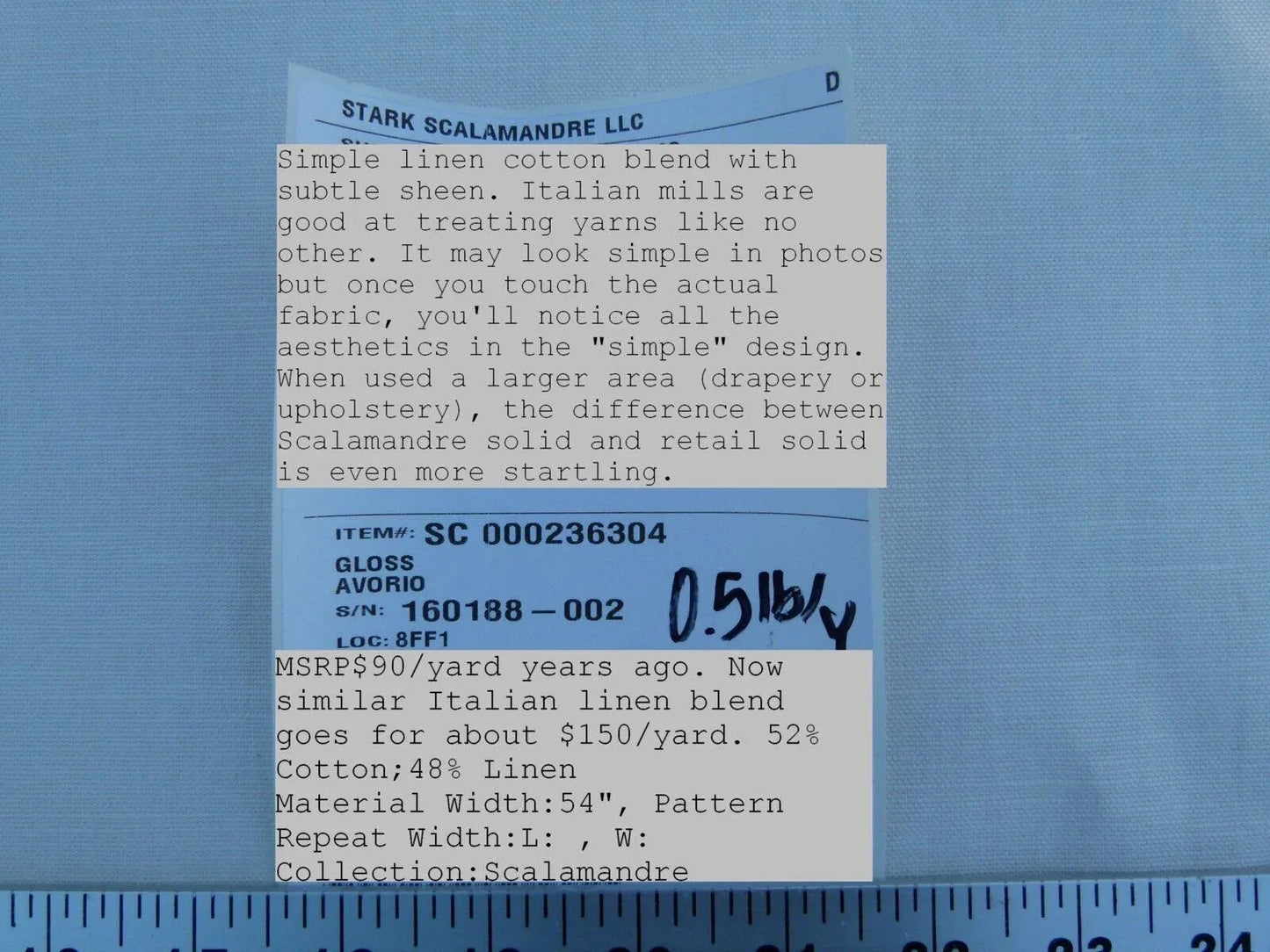 Scalamandre Gloss Avorio Ivory White MSRP USD 90  Old World Weavers Cotton Linen Blend