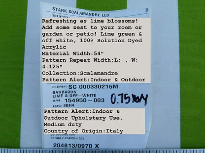 Scalamandre " Barbados Lime &amp; Off White Outdoor Tropical Wide Stripe MSRP USD 138/Y  Old World Weavers"