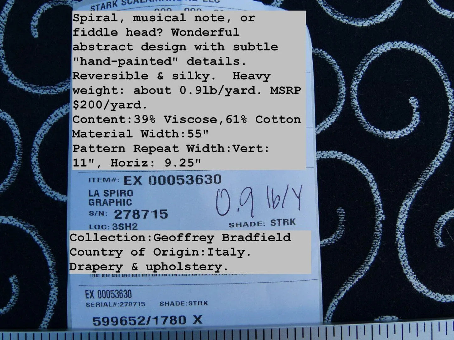 Scalamandre La Spiro Graphic Deep Black &amp; White Graphic Music Note Woven MSRP USD 200/y  Old World Weavers