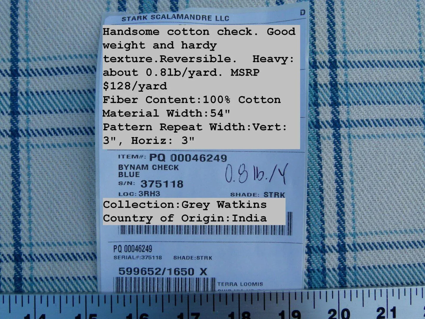 Scalamandre Bynam Check Grey Watkins Blue White Plaid Cotton MSRP USD 128/Y  Old World Weavers