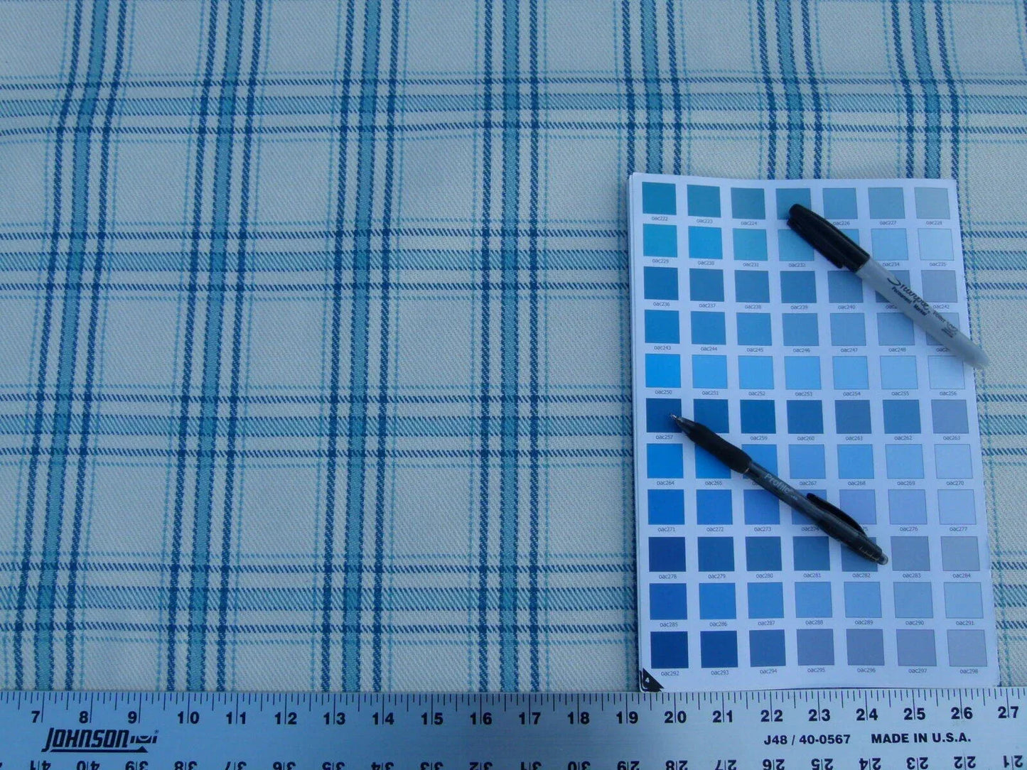 Scalamandre Bynam Check Grey Watkins Blue White Plaid Cotton MSRP USD 128/Y  Old World Weavers