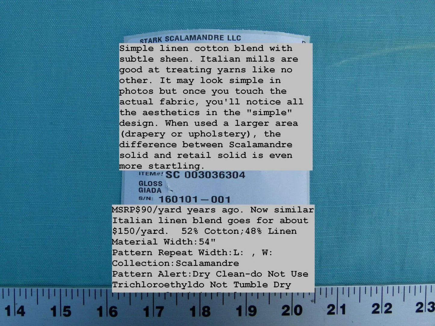 Scalamandre Gloss Giada Jade Green Blue Aqua Cotton Linen Blend MSRP USD 90/Y Old World Weavers