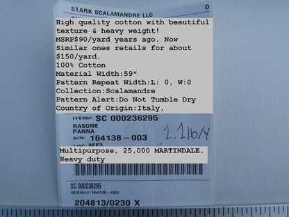 Scalamandre Old World Weavers Rasone Panna Cream Pure White  100% Cotton Heavy MSRP USD 150/Y