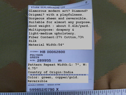 Scalamandre  Polygon Green Gold Silk Cotton Jacquard Thick Old World Weavers MSRP USD 260/yard