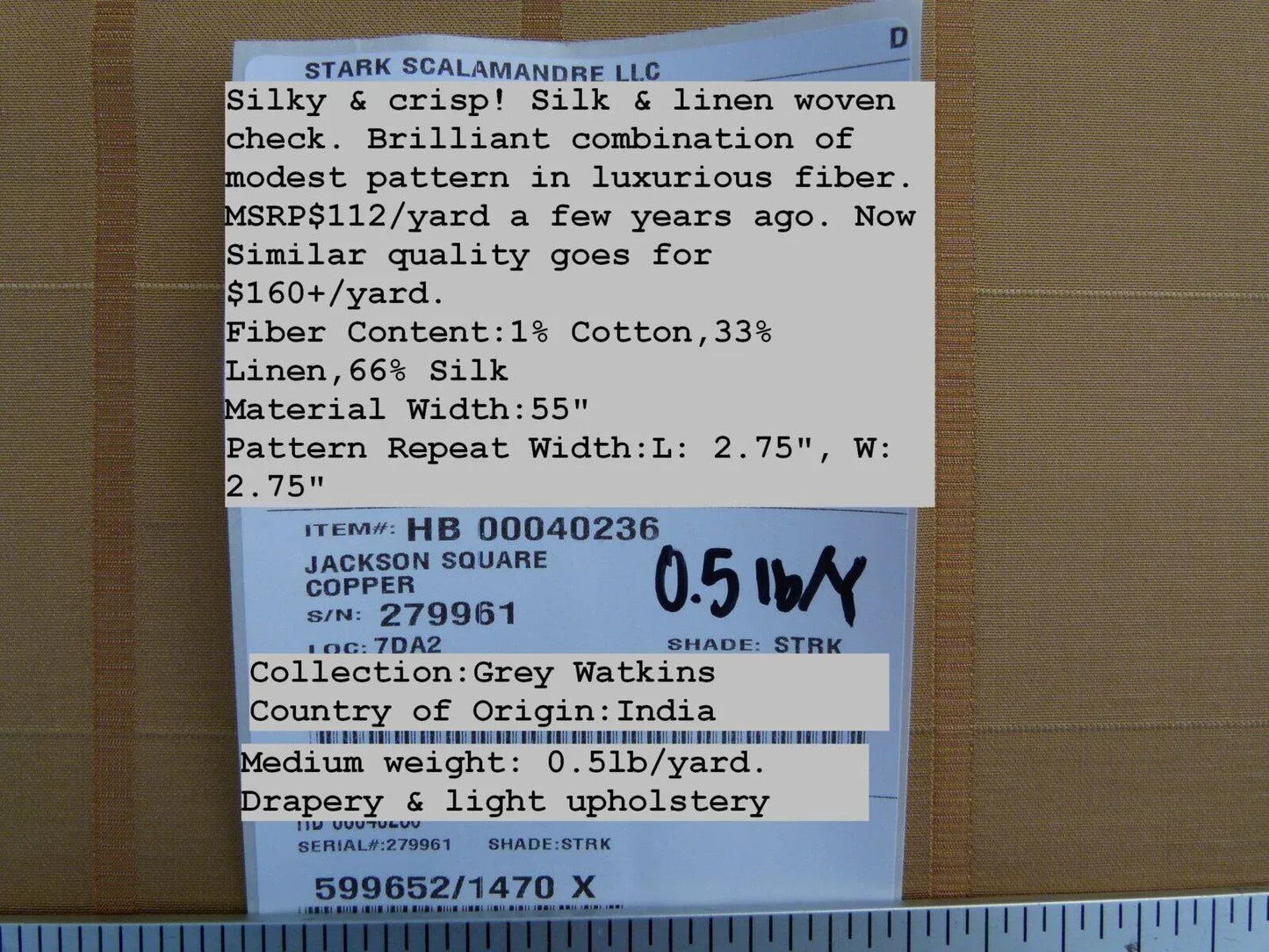 Scalamandre Jackson Square Copper Grey Watkins Silk Linen Plaid MSRP USD 112/Y