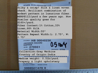 Scalamandre Jackson Square Copper Grey Watkins Silk Linen Plaid MSRP USD 112/Y