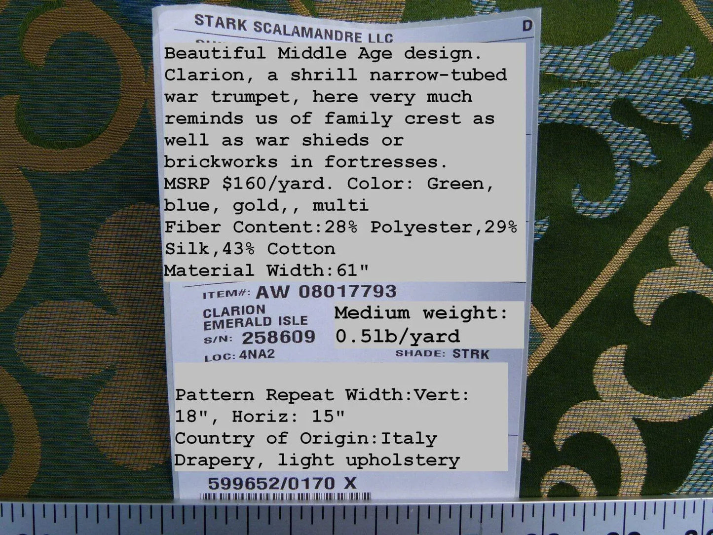 Scalamandre Clarion Emerald Isle Middle Age Woven Silk Lampas MSRP USD 160/Y  Old World Weavers