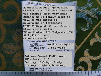 Scalamandre Clarion Emerald Isle Middle Age Woven Silk Lampas MSRP USD 160/Y  Old World Weavers