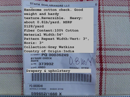 Scalamandre Bynam Check Grey Watkins Rose Pink White Plaid Cotton MSRP USD 128/Y  Old World Weavers
