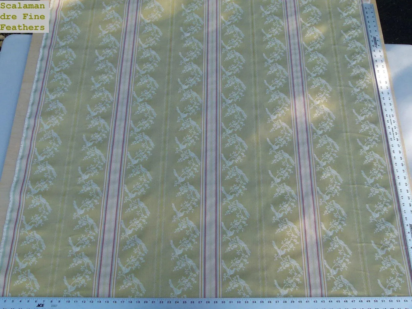 Scalamandre Fine Feathers Champagne Birds and Berry Bush Grey Watkins Woven Classic Chinese Garden Bird Stripe MSRP USD 233/Y Old World Weavers