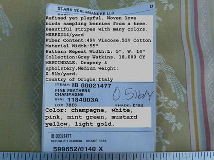 Scalamandre Fine Feathers Champagne Birds and Berry Bush Grey Watkins Woven Classic Chinese Garden Bird Stripe MSRP USD 233/Y Old World Weavers