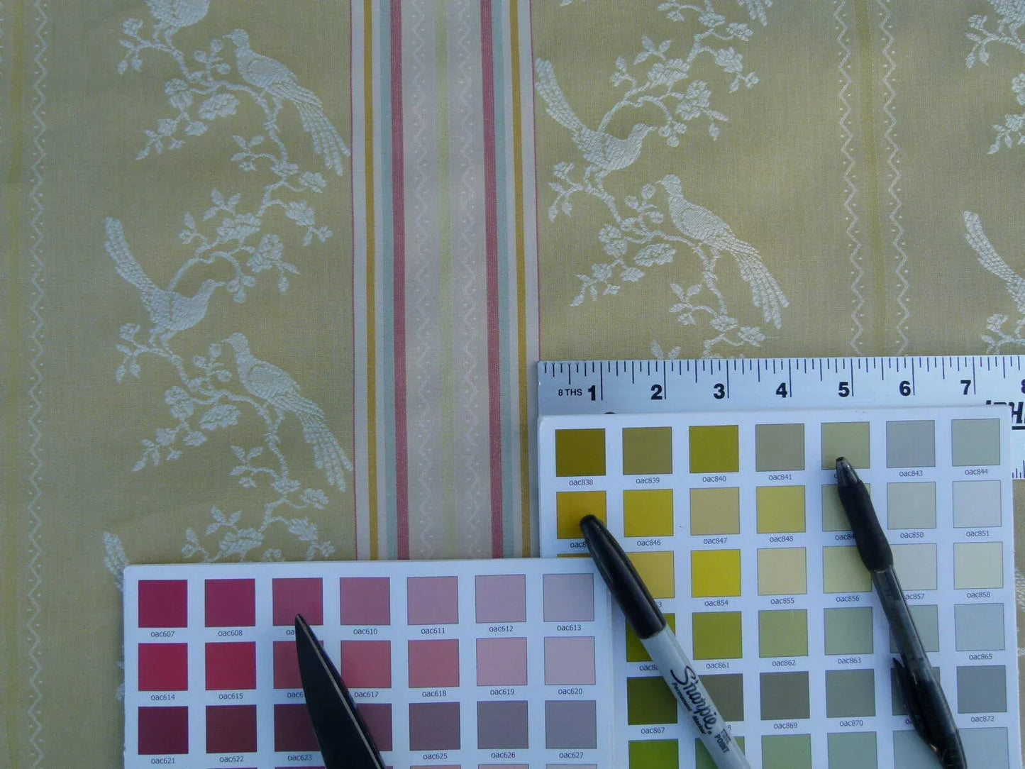 Scalamandre Fine Feathers Champagne Birds and Berry Bush Grey Watkins Woven Classic Chinese Garden Bird Stripe MSRP USD 233/Y Old World Weavers