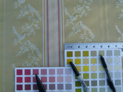 Scalamandre Fine Feathers Champagne Birds and Berry Bush Grey Watkins Woven Classic Chinese Garden Bird Stripe MSRP USD 233/Y Old World Weavers