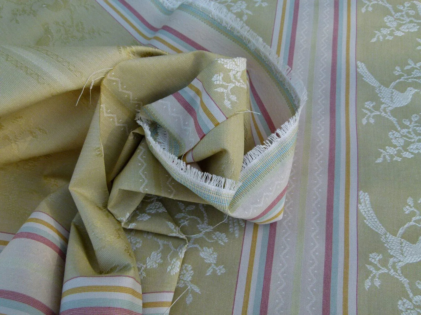 Scalamandre Fine Feathers Champagne Birds and Berry Bush Grey Watkins Woven Classic Chinese Garden Bird Stripe MSRP USD 233/Y Old World Weavers