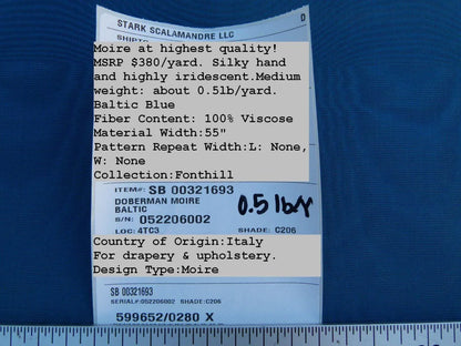 By Yard Scalamandre Doberman Moire Fonthill Baltic Deep Blue MSRP USD 380/Y  Old World Weavers