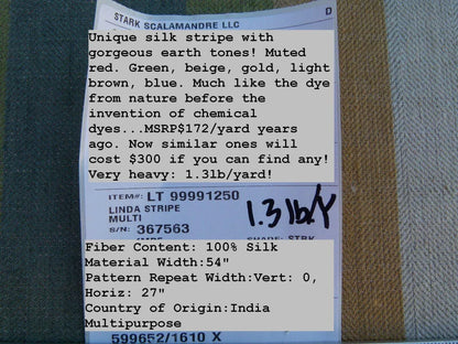 Scalamandre Linda Stripe Custom Multi Color Red Green Pink Gold Silk Twill MSRP USD 172/yard Heavy! Old World Weavers