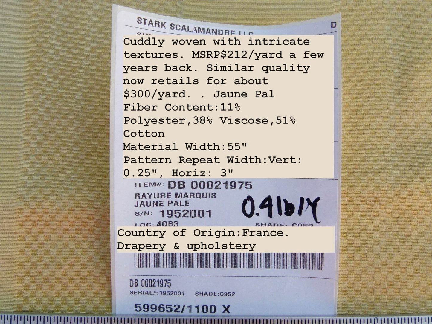 By Yard Scalamandre Fonthill Rayure Marquis Juane Pale Gold MSRP USD 212/Y