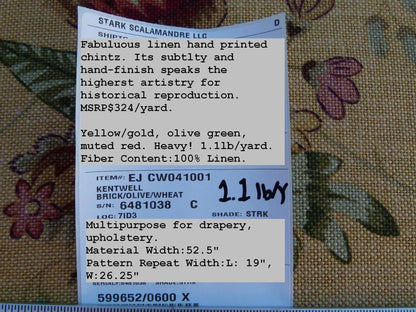 By Yard Scalamandre Old World Weavers Kentwell Brick Olive Wheat English Chintz Linen Heavy MSRP USD 324/Y