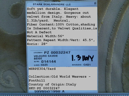11y Scalamandre Velours Fonthill Savoie Beige Cut Velvet 100% Cotton Old World Weavers MSRP USD 304/Y Defects