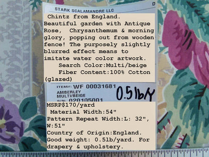 By Yard Scalamandre Amberley Fonthill Multi/beige English garden RoseFloral Chintz Old World Weavers MSRP USD 170/Y