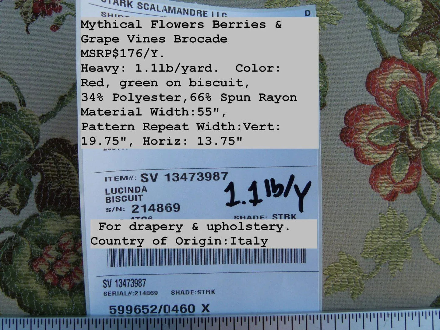 By Yard Scalamandre Lucinda Biscuit Floral Vine Foliage Red Green Old World Weavers MSRP USD 176/Y