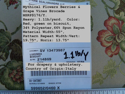 By Yard Scalamandre Lucinda Biscuit Floral Vine Foliage Red Green Old World Weavers MSRP USD 176/Y