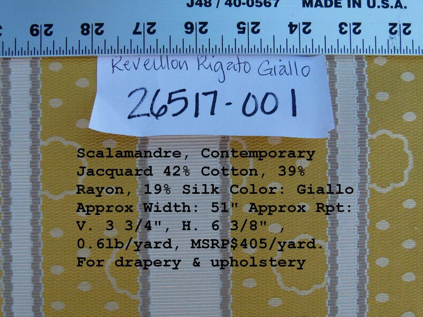 By Yard Scalamandre Reveillon Rigato Giallo Gold Silk Jacquard Colony From Italy MSRP USD 405/Y