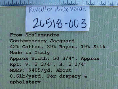 By Yard Scalamandre Reveillon Unito Verde Green Silk Jacquard From Italy Colony MSRP USD 405/Y