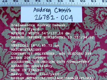 Scalamandre Audrey Damask Cut Velvet Linen Red Renaissance Artichoke Rose MSRP USD 427/Y
