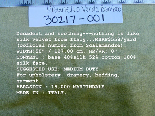 Scalamandre Pisanello Silk Velvet Bamboo Green Gold MSRP USD 558/Y
