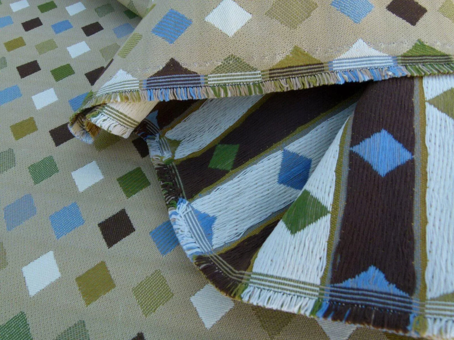 By Yard Breezeway Green Mult On Desert Tan Woven Diamond Dot MSRP USD 222/y Fonthill Old World Weavers