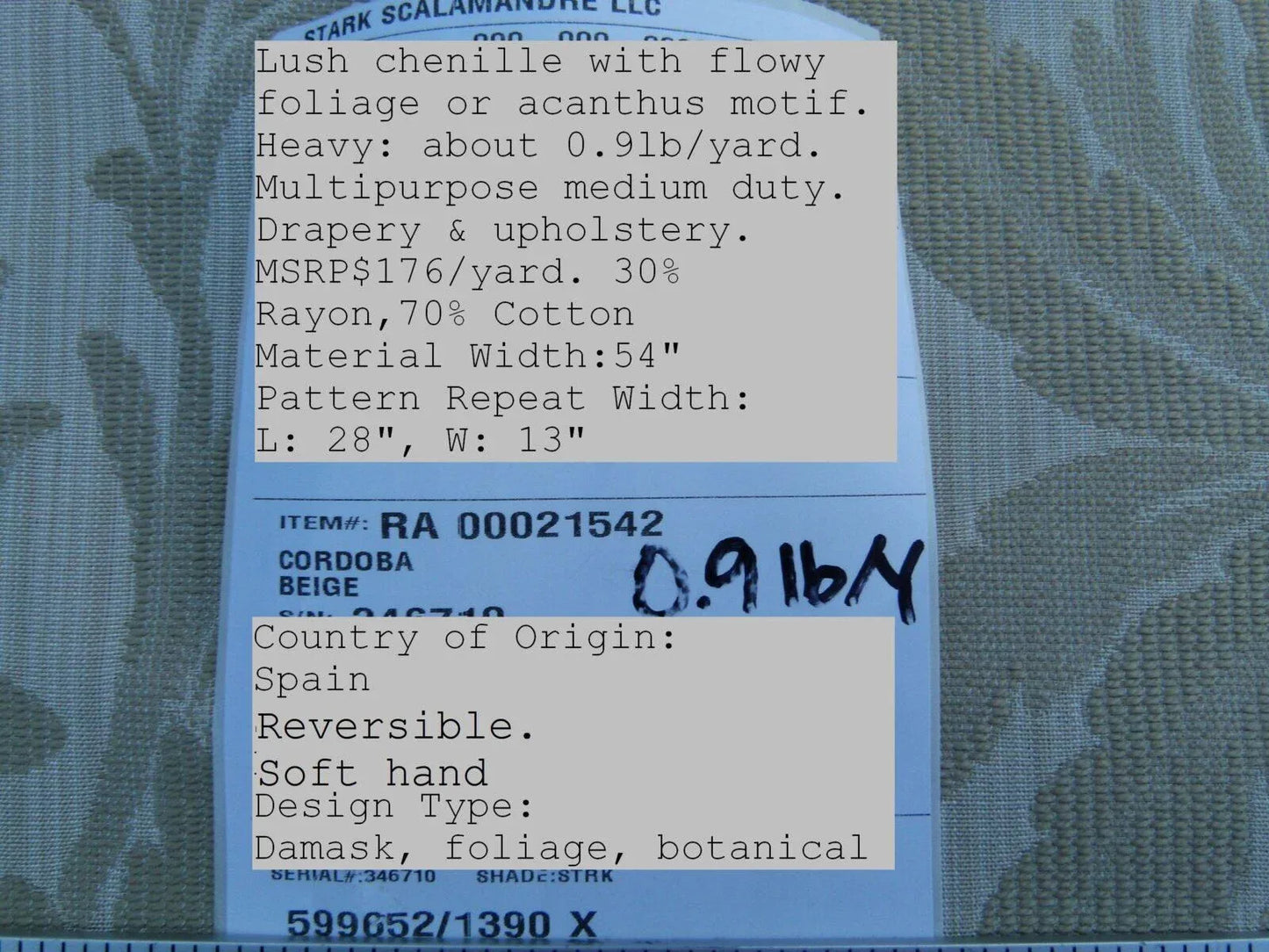 By Yard Scalamandre Cordoba Beige Foliage Damask Grey Watkins MSRP USD 176/Y (reversible)