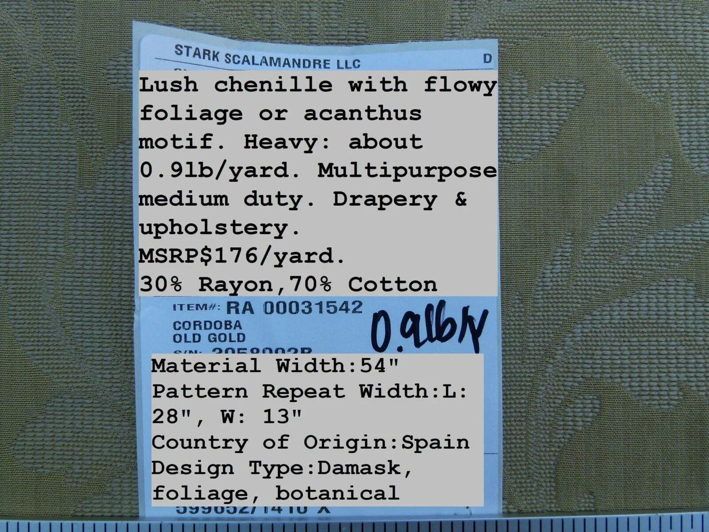 By Yard Scalamandre Cordoba Old Gold Chenille Woven Foliage Acanthus MSRP USD 176/Y  Grey Watkins