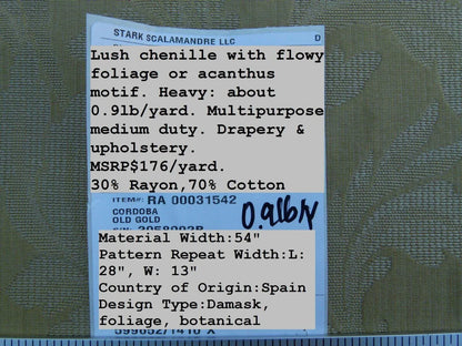 By Yard Scalamandre Cordoba Old Gold Chenille Woven Foliage Acanthus MSRP USD 176/Y  Grey Watkins