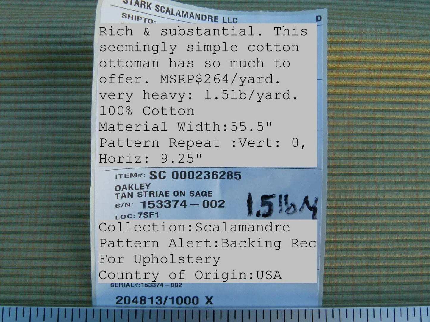 By Yard Scalamandre Oakley Tan Striae On Sage Old World Weavers MSRP USD 264/Y